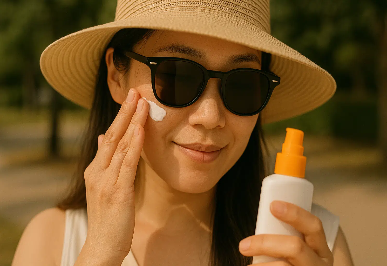 선크림 바르는 여성의 모습