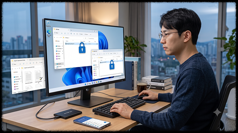 암호화된 압축 파일을 외장 SSD에 백업하고 원본 폴더를 정리하는 모습