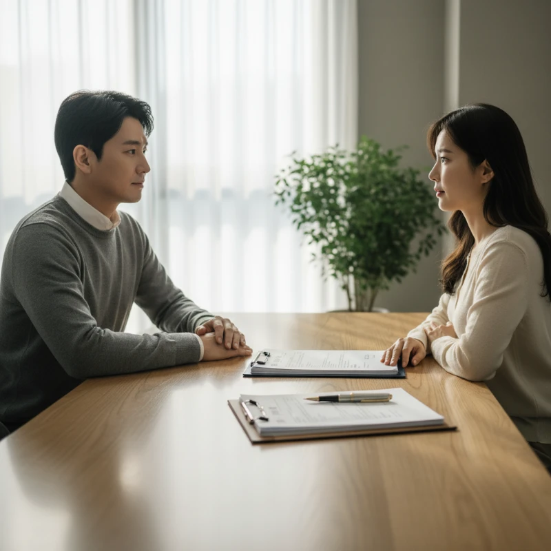 협의이혼 서류들을 앞에 두고 차분하게 논의하는 부부의 모습. 명확하고 신중한 결정 과정을 암시합니다.