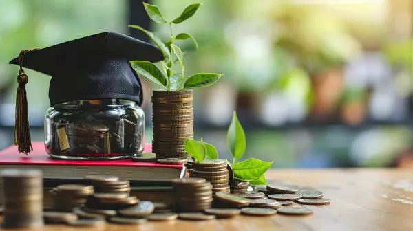 학사 모자와 돈이 함께 보임으로써 교육급여 및 교육비 지원에 대한 내용을 떠올리게 하는 이미지