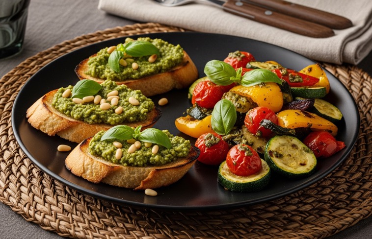 로스팅 채소와 바질 페스토 요리