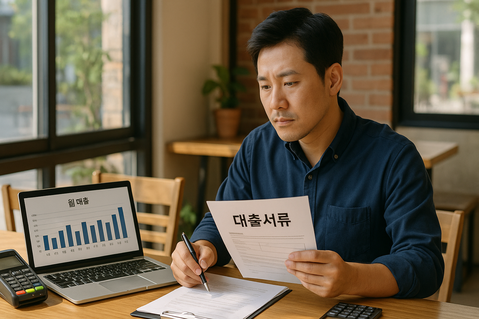 은행 대출 관련 서류를 정리하는 자영업자