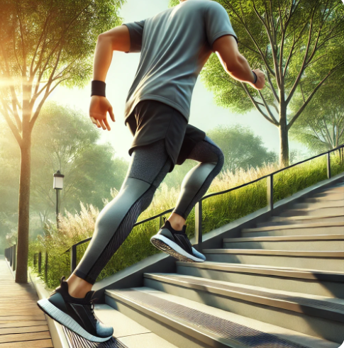 계단 오르기 운동을 올바른 자세로 하고 있는 남성의 모습