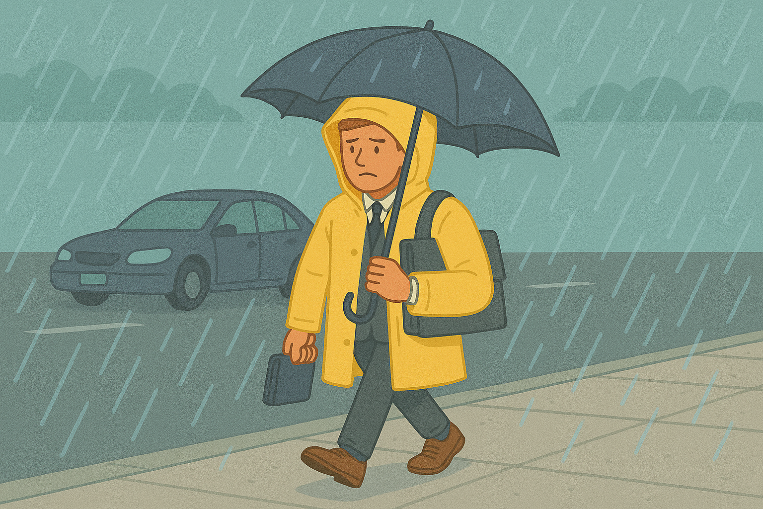 장마철 우산과 우비로 무장한 영업직 직장인