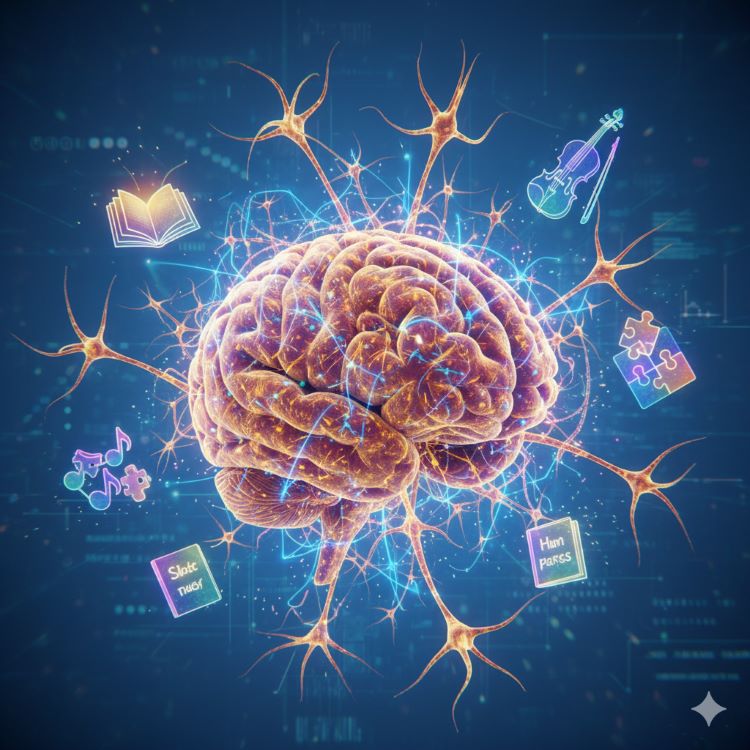 뇌 내부의 신경세포들이 새로운 연결을 만들어가는 모습을 3D 일러스트로 표현. 중앙에는 건강한 뉴런들이 밝은 빛으로 연결되어 복잡한 네트워크를 형성하고 있고, 주변에는 책, 악기, 퍼즐, 언어 학습서 등 지적 자극을 상징하는 아이콘들이 떠다니는 모습. 전체적으로 학습과 뇌 성장의 역동적인 과정을 시각화한 미래적이고 희망적인 톤의 이미지