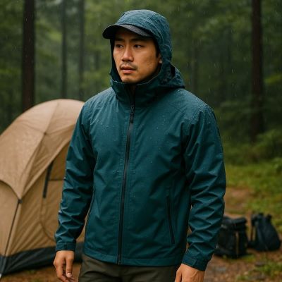비 오는 숲속 텐트 옆에서 방수 재킷을 입고 캠핑 중인 남성