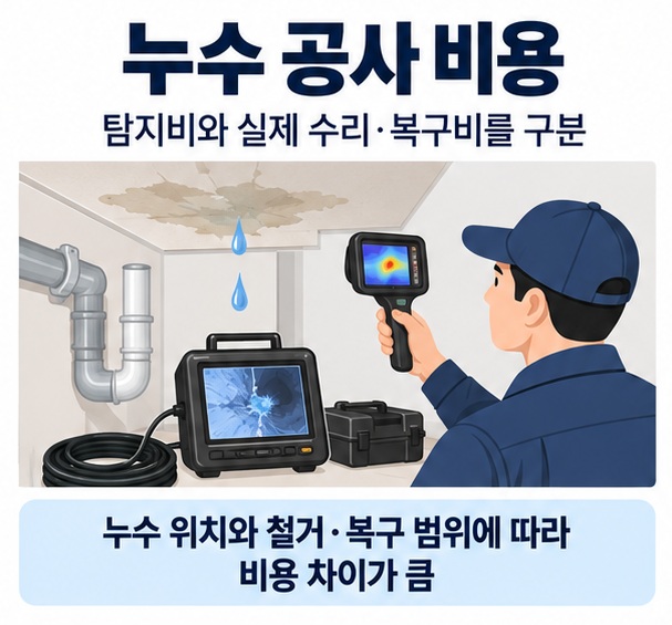 누수 공사 비용이라는 제목과 배관 누수 탐지기, 젖은 천장, 수리공을 함께 표현한 대표 이미지