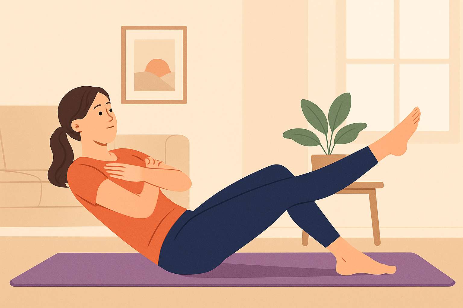 바른 자세와 허리 통증 예방을 위한 코어 강화 운동을 실천하는 여성의 모습