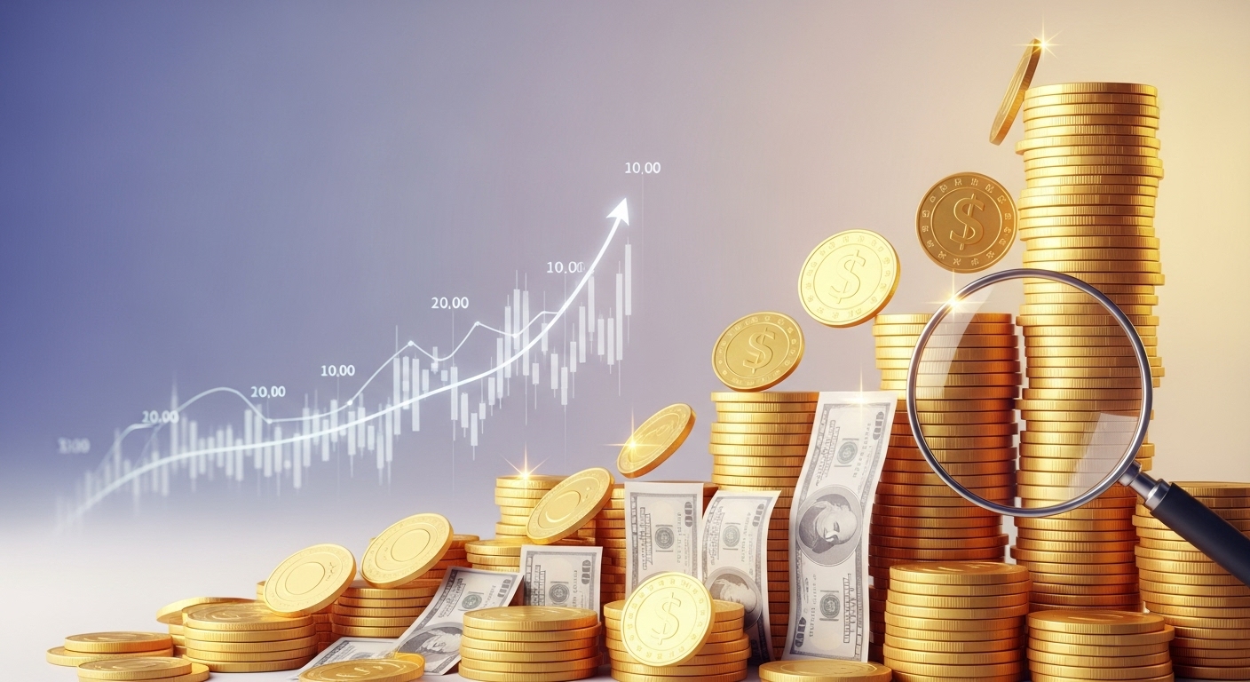 2025년 세금 환급액을 두 배로 늘리는 절세 전략을 상징하는 밝고 역동적인 이미지. 보라색과 노란색 배경에 쌓여있는 돈뭉치와 돋보기가 보인다.