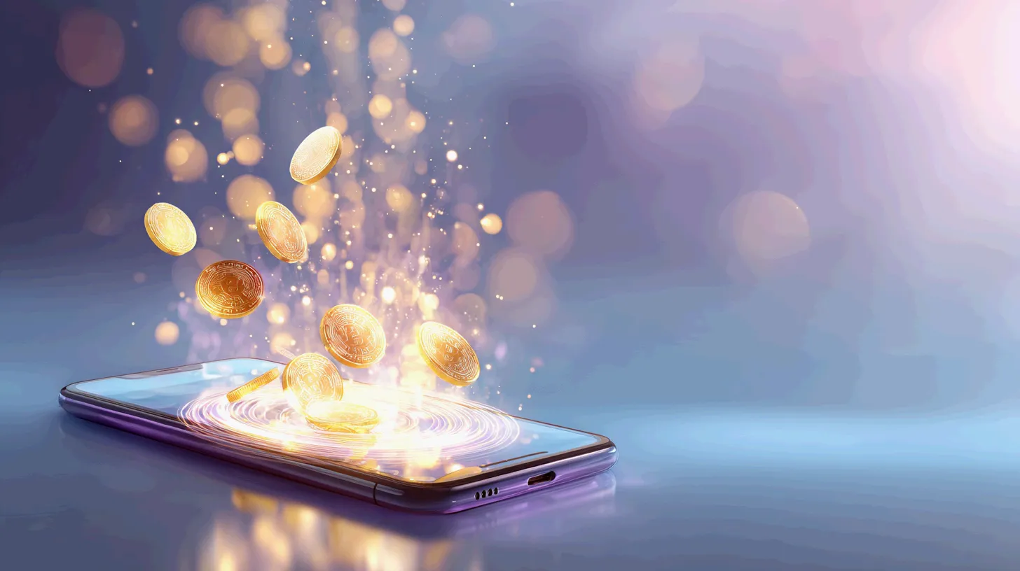스마트폰 화면에서 황금빛 원화 디지털 코인들이 홀로그램처럼 튀어나오는 모습을 표현한 이미지. 블루와 퍼플 그라데이션 배경에 빛 입자가 반짝이며, 원화 스테이블 코인의 디지털 금융 혁신과 미래지향적 핀테크 기술을 시각적으로 전달함 (KRW Stablecoin, Digital Finance, Mobile Payment).
