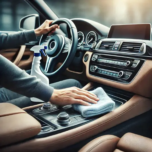 자동차 내부를 청소하는 모습, 부드러운 천과 세정제를 사용하는 모습