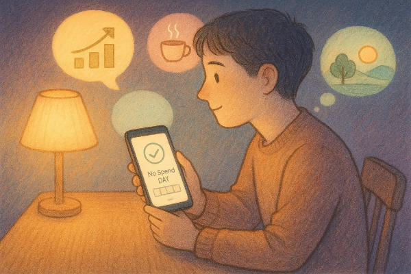 밤의 조명 아래 작은 나무 책상에 앉아 스마트폰으로 무지출 데이 챌린지를 확인하며 미소 짓는 인물, 주변에 저축 목표, 커피, 자연 풍경 아이콘이 파스텔 말풍선으로 떠 있는 몽환적이고 따뜻한 분위기의 일러스트