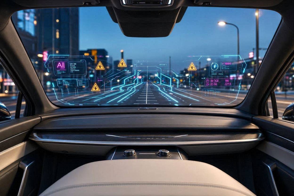 First-person view from inside a futuristic car showing a full-width holographic augmented reality head-up display on the windshield.