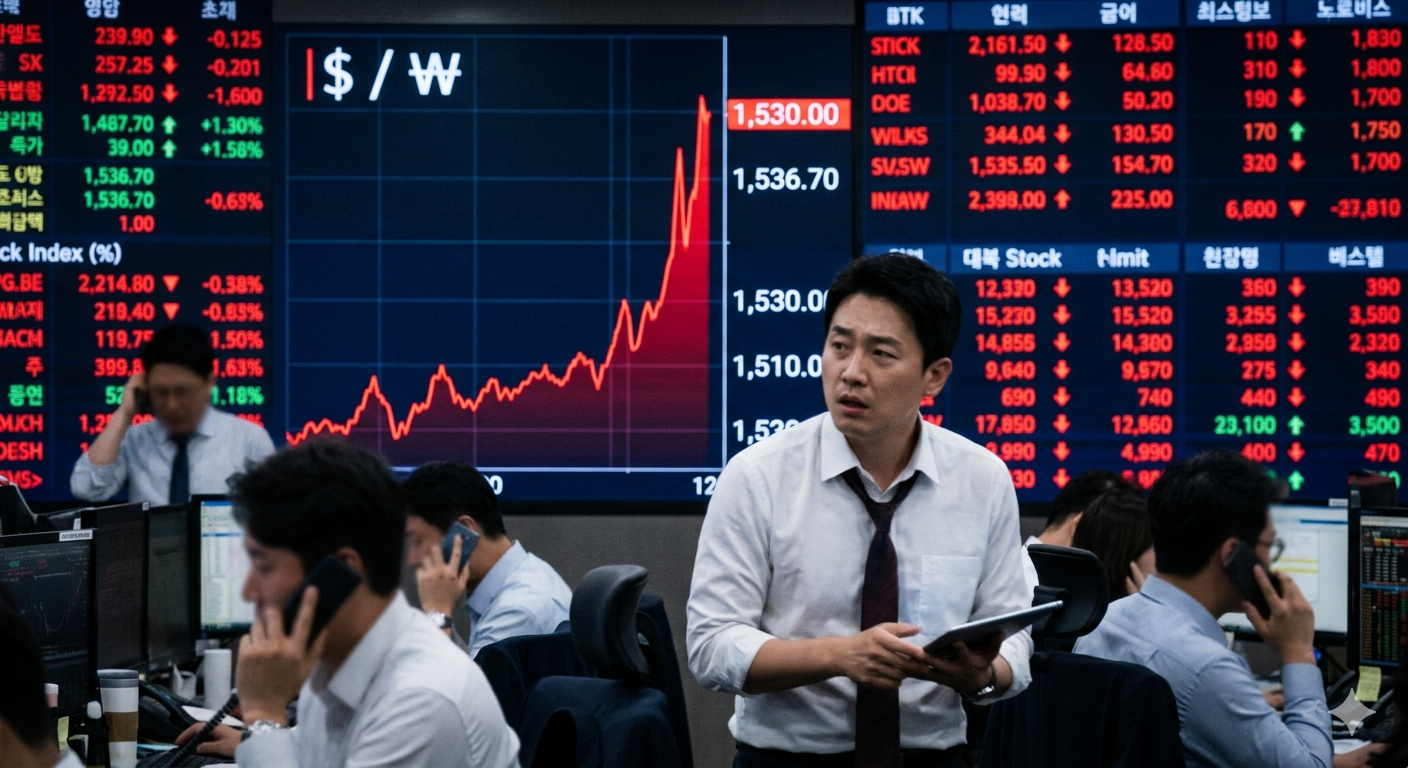 금융 시장의 전광판에 원달러 환율이 급격하게 상승하는 붉은색 그래프가 표시되고 있고, 이를 지켜보는 남성 투자자가 걱정스러운 표정을 짓고 있다. 배경으로는 주가 지수 하락을 나타내는 파란색 숫자들과 혼란스러운 트레이딩 룸의 분위기가 보여, 환율 급등으로 인한 경제 위기 경고 신호를 시각적으로 나타낸다.