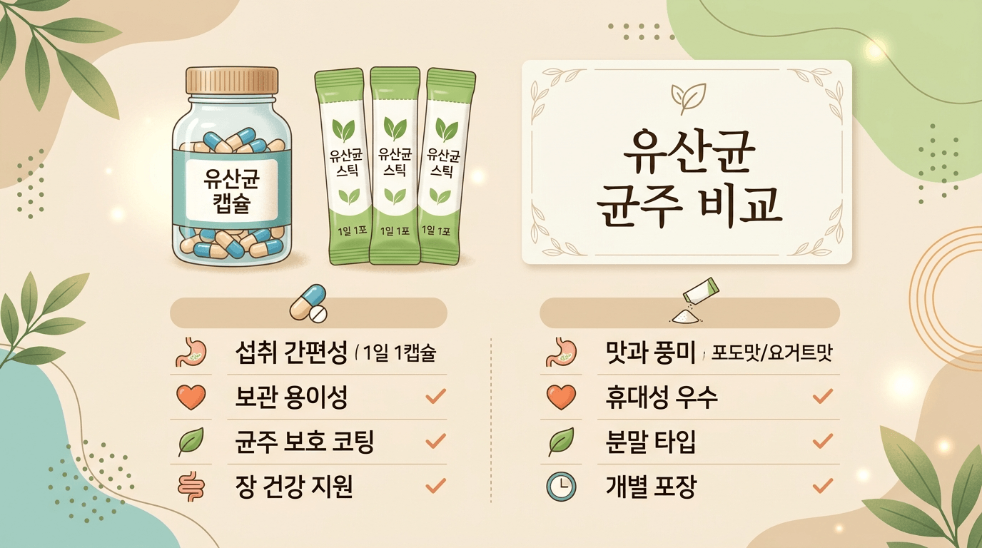 유산균 균주 비교와 라벨 읽기 핵심을 보여주는 대표 이미지