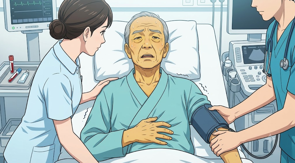 황달 증상과 함께 고열, 오한, 우상복부 통증, 의식 저하가 나타나 응급 진료를 받고 있는 긴급 상황 메디컬 일러스트