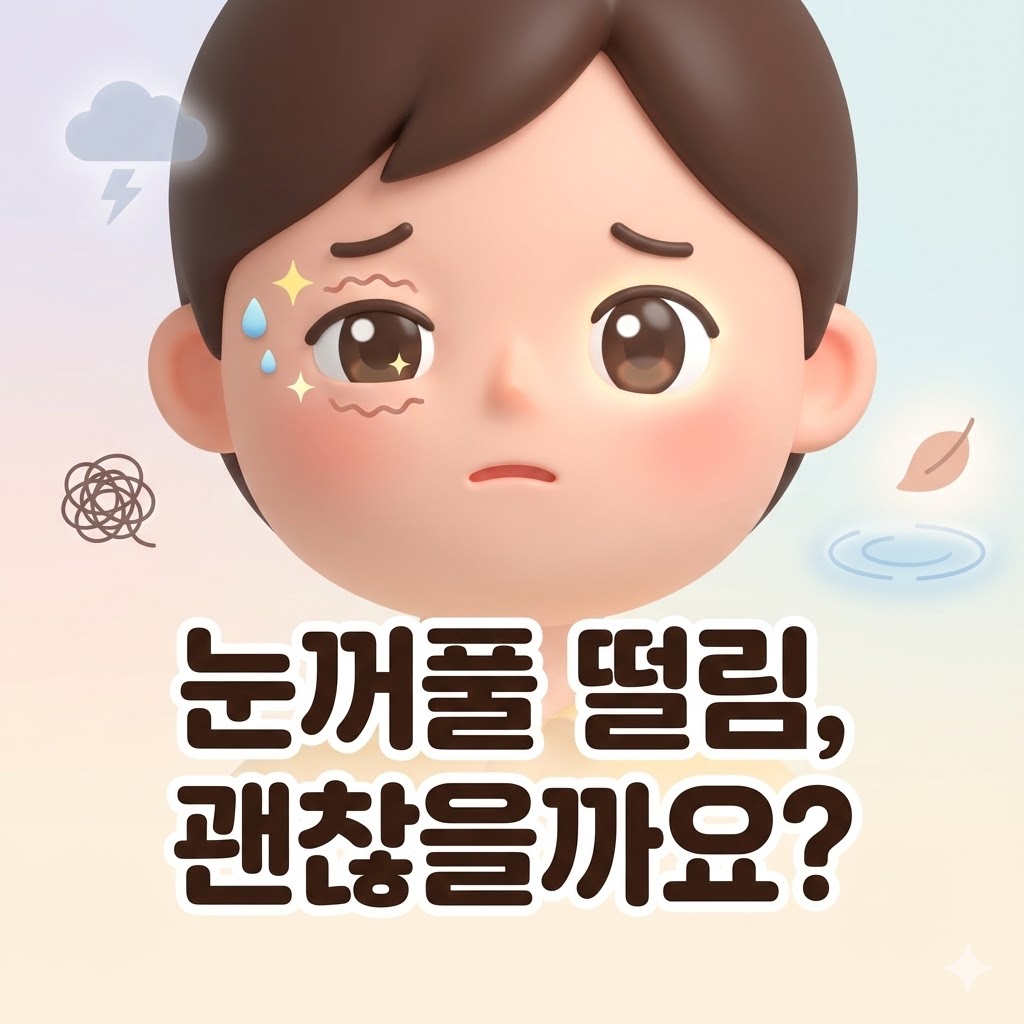 눈꺼풀이 떨리는 사람의 얼굴을 귀여운 3D 카툰으로 표현한 이미지. 한쪽 눈은 불안하게 떨리고 다른 쪽 눈은 편안해 보이며, '눈꺼풀 떨림, 괜찮을까요?'라는 문구가 있습니다.