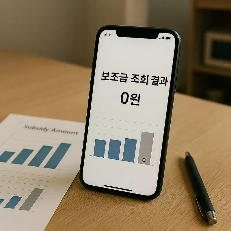 보조금24 조회 결과가 0원으로 표시된 스마트폰 화면과 정부지원금 그래프