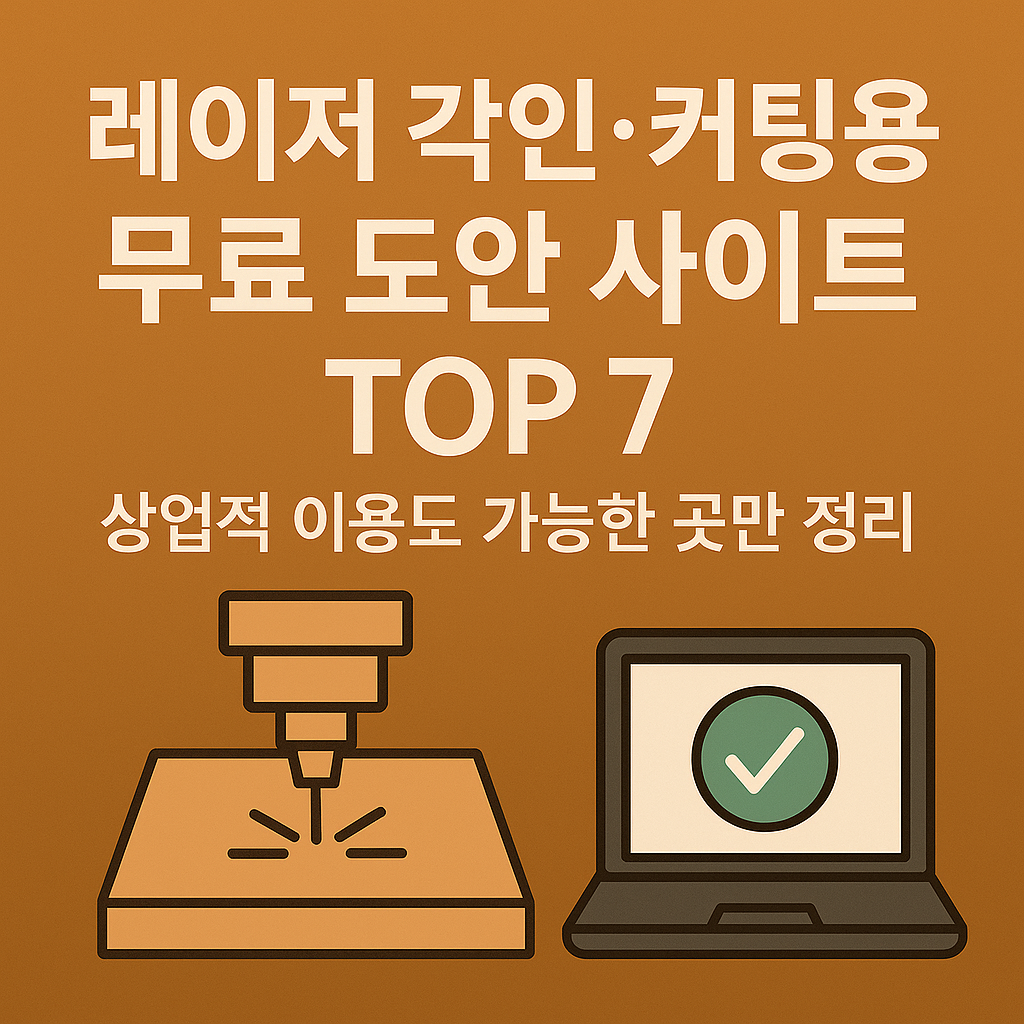 레이저 각인과 커팅용 무료 도안 사이트 TOP 7을 소개하는 블로그 썸네일 이미지. 연한 베이지 배경에 노트북, 나무 키링, 벡터 파일 아이콘이 삽입돼 있으며, 중앙에는 굵은 글씨로 &ldquo;무료 도안 사이트 TOP 7&rdquo;이라는 문구가 강조되어 있다. 레이저 커팅 초보자와 소상공인을 위한 도안 정보 콘텐츠임을 직관적으로 보여주는 디자인이다.