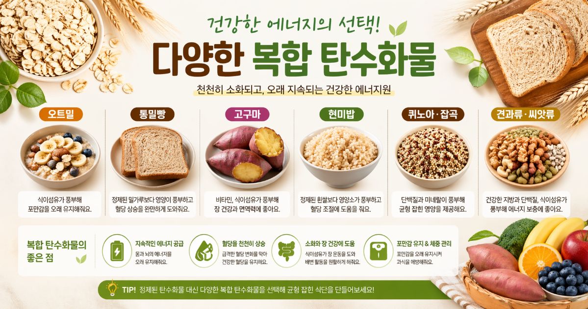 통밀빵, 오트밀, 고구마 등 건강한 복합 탄수화물 식품들이 깔끔하게 배치된 이미지