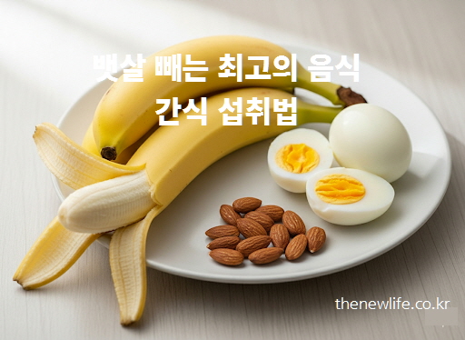 삶은 계란, 바나나, 호두와 아몬드 등 간식으로 적합한 건강 식품들이 배열된 이미지 &ndash; 뱃살 빼는 최고의 음식, 간식 섭취법을 상징