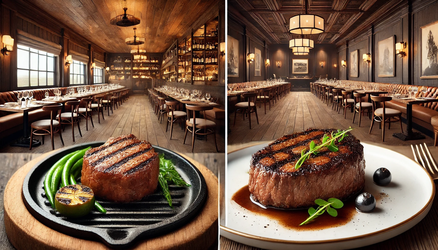 두 레스토랑의 시그니처 스테이크와 내부 인테리어 비교 이미지