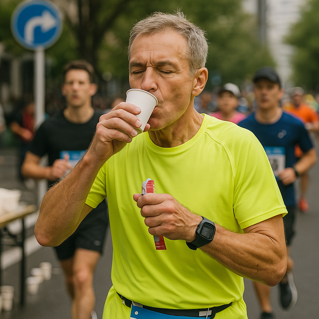 광색 러닝 셔츠를 입은 중장년 남성이 마라톤 중 급수대에서 흰 종이컵의 물을 마시며 에너지 젤을 손에 들고 있는 모습. 배경에는 다른 참가자들이 이어져 있는 도시 거리.
