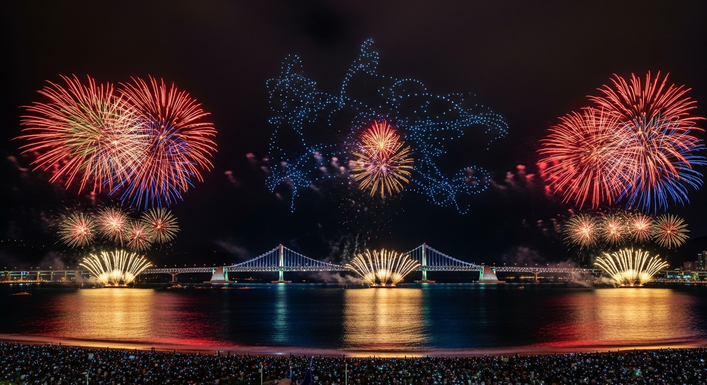 광안리 해변 위 부산불꽃축제의 장엄한 밤 풍경, 수백 대의 드론이 불꽃과 조화를 이루며 밤하늘을 수놓고 광안대교가 빛나는 모습.