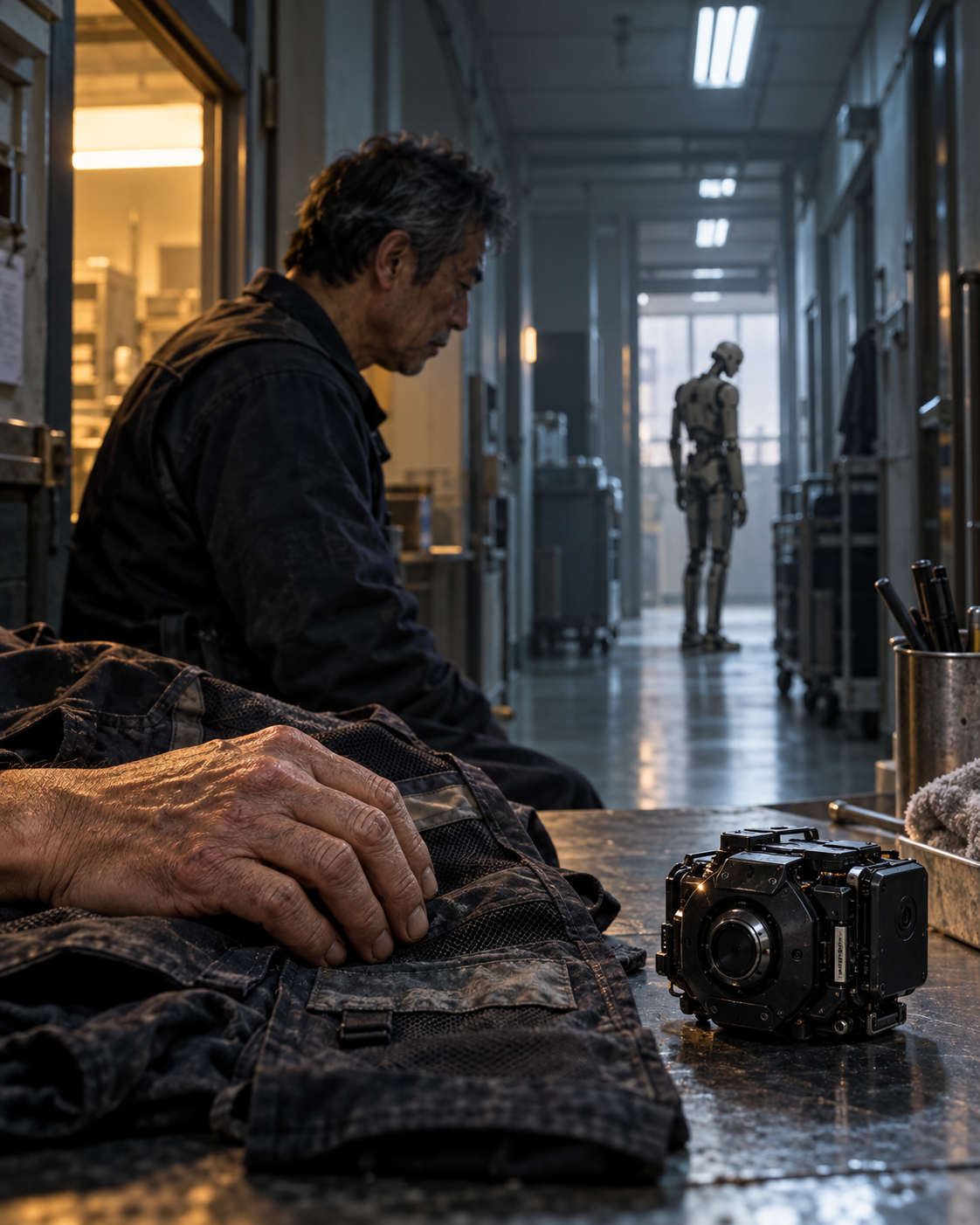 A cinematic scene in a near-future Korean funeral-service workspace shows the weathered hand of 64-year-old Yoon Jaeho resting on a worn black work vest beside a separate robot control core. Jaeho sits quietly in profile, while an aging humanoid, MORU-17, stands in the distant corridor under cool fluorescent lights and warm doorway light. The cover represents the 25-episode Korean film novel Used Senior Humanoid, exploring the contrasting value of human experience and machine data.