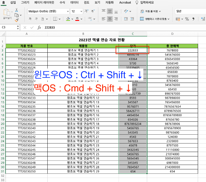 1개의 셀 선택 후, 숫자 데이터가 입력된 셀 한 번에 모두 선택하기