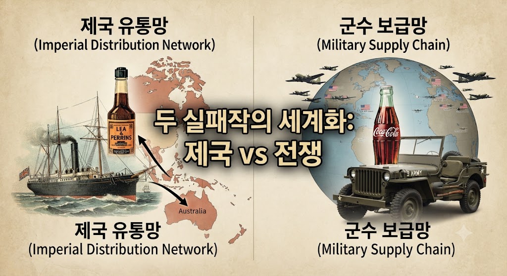 우스터소스와 코카콜라의 유통망 전략을 비교하는 인포그래픽입니다. 왼쪽은 제국의 상징인 증기선과 식민지 지도를 배경으로 우스터소스가 퍼지는 경로를, 오른쪽은 2차 세계대전 당시 미군 지프차와 보급선을 배경으로 코카콜라가 전 세계 미군 기지로 퍼지는 경로를 대조적으로 보여줍니다. 두 실패작이 각기 다른 시대적 유통망을 타고 어떻게 산업이 되었는지 시각적으로 설명합니다.
