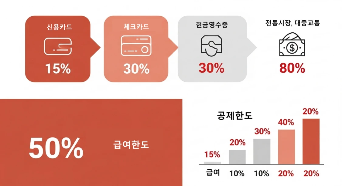 총급여액별 카드 소득공제 한도 및 결제 수단별 공제율을 시각적으로 보여주는 인포그래픽.
