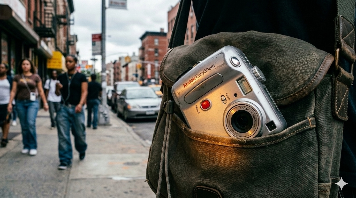 차가운 블루 톤의 도심 배경에서 빈티지한 캔버스 가방 포켓에 담긴 실버 컬러 코닥 이지쉐어 카메라 앞면과 렌즈 디테일 사진.