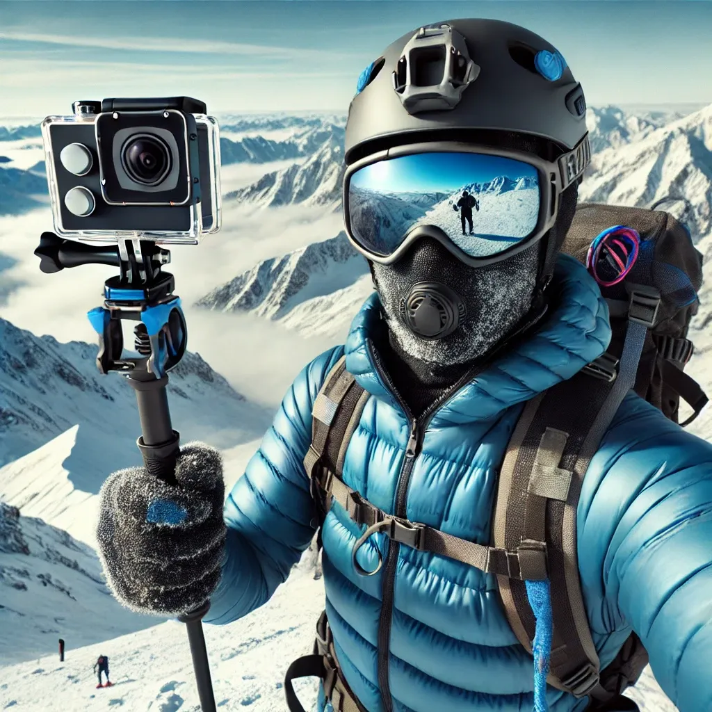헬멧에 카메라 장착-설산 배경-겨울 등산객