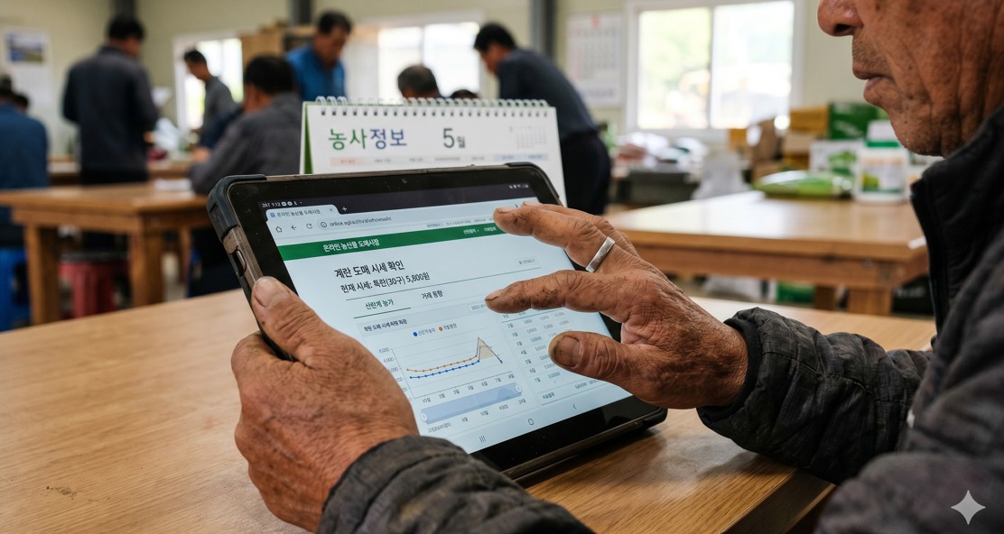 태블릿 PC로 온라인 도매시장에서 계란 시세를 확인하는 농민의 손
