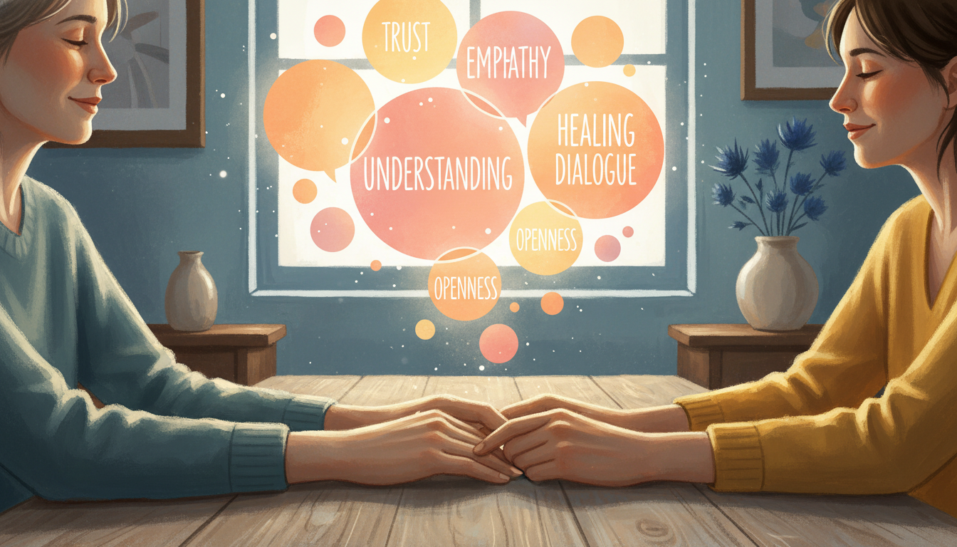 건강한 소통과 이해를 상징하는 남녀의 따뜻한 대화 일러스트