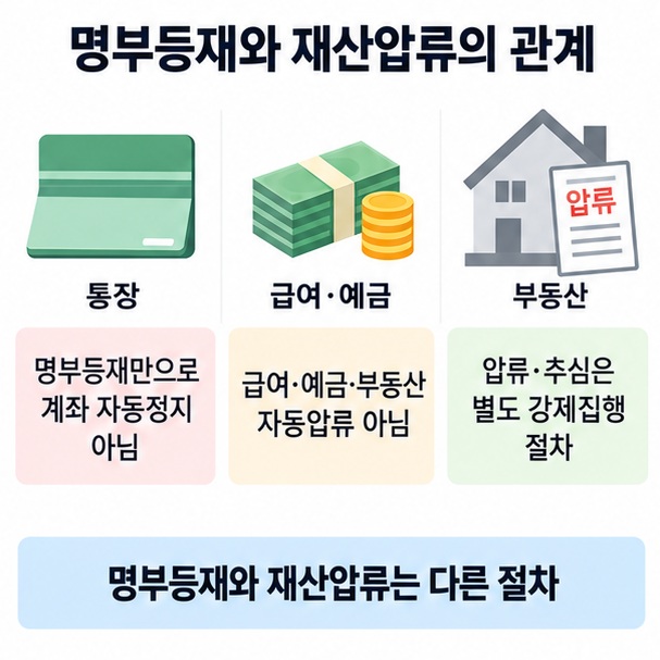 채무불이행자 명부등재가 모든 금융거래를 자동으로 막는 것은 아니고 압류는 별도 강제집행 절차라는 점을 설명한 이미지