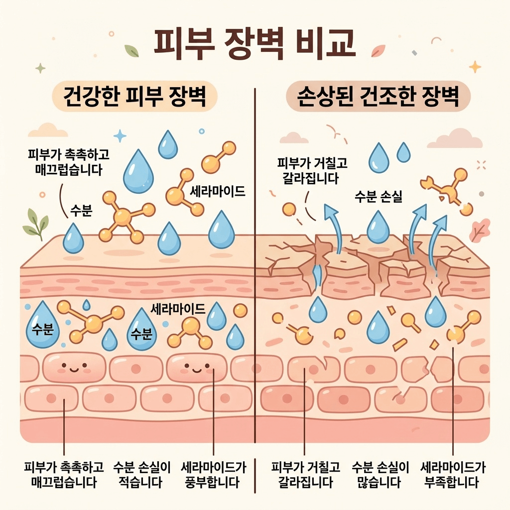 봄철 건조 피부와 보습 장벽 관리 일러스트