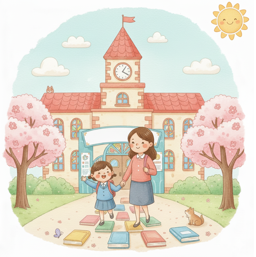 엄마와 아이가 손을 잡고 초등학교 입학식에 가는 모습