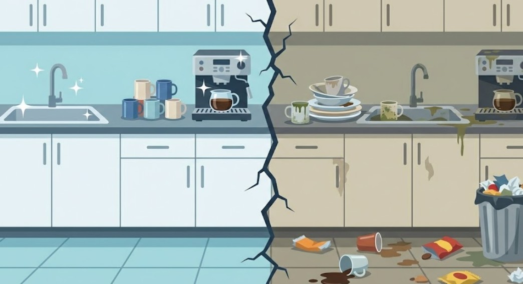 왼쪽의 반짝이고 정돈된 탕비실과 대비되게, 오른쪽에는 방치된 컵 하나에서 시작되어 설거지가 산더미처럼 쌓이고 쓰레기통이 넘쳐흐르며 바닥까지 더러워진 난장판이 된 사무실 탕비실의 모습을 통해 깨진 유리창의 법칙을 표현