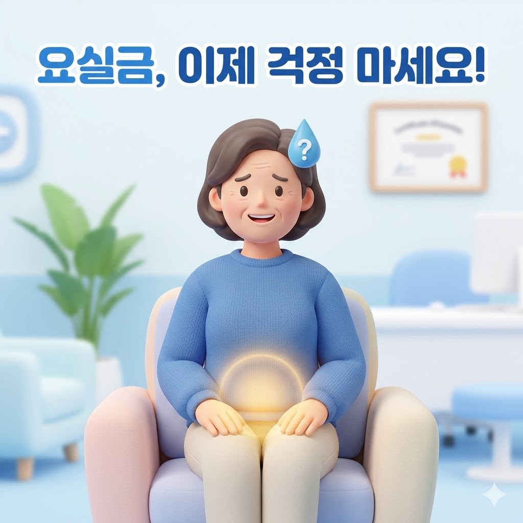 요실금으로 고민하다 치료 후 환하게 웃는 여성 캐릭터, 희망적인 모습