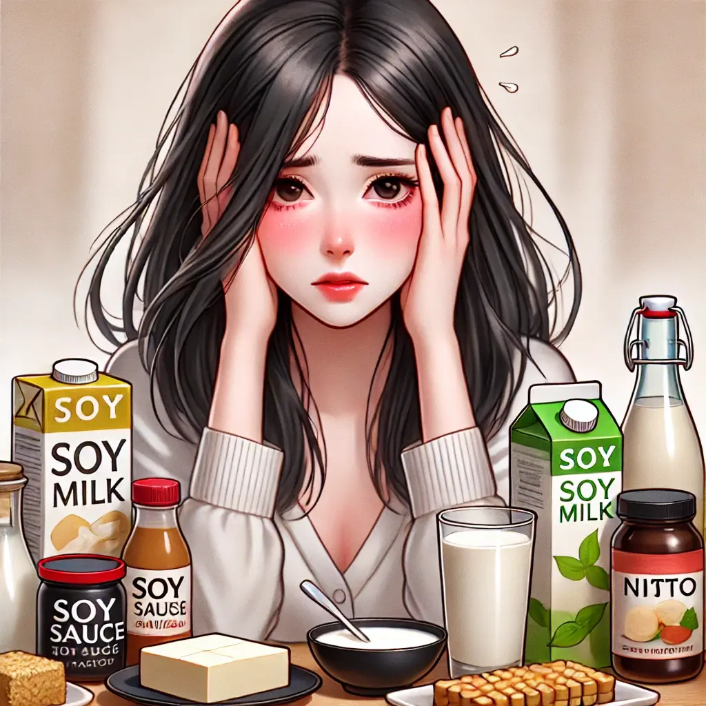 테이블 위에 놓인 대두(콩)으로 만든 제품들과 알레르기로 인해 얼굴이 붉어진 여성의 모습
