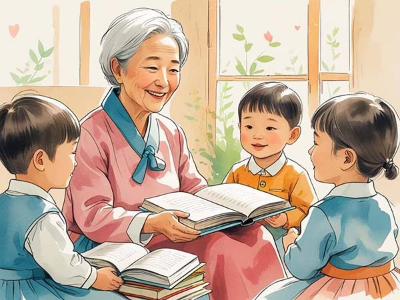 이야기할머니가 아이들에게 동화책을 읽어 주는 모습