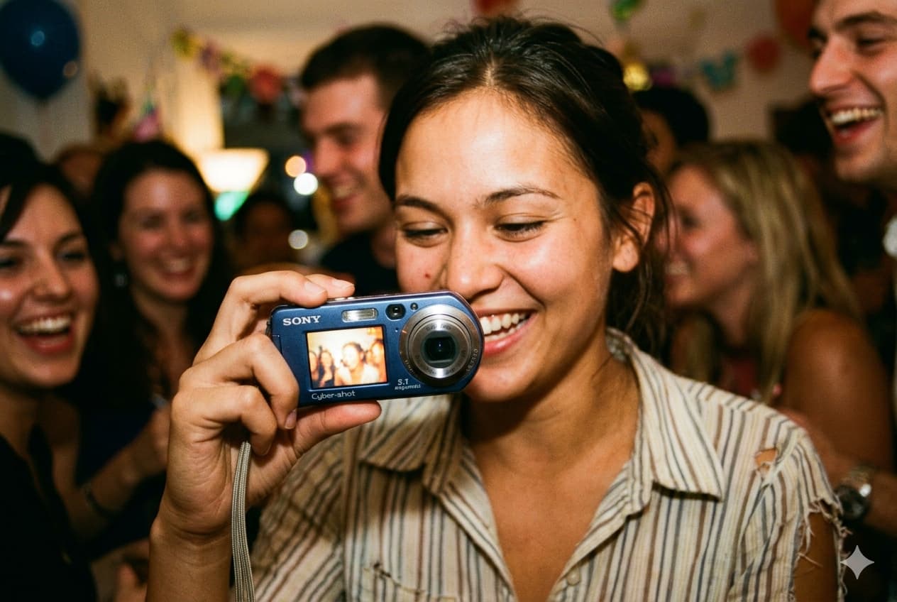 파티장에서 파란색 소니 사이버샷 컴팩트 카메라를 들고 웃고 있는 사람과 LCD 화면에 보이는 미리보기 화면, Y2K 감성의 거친 입자감과 플래시 효과가 나타난 사진.