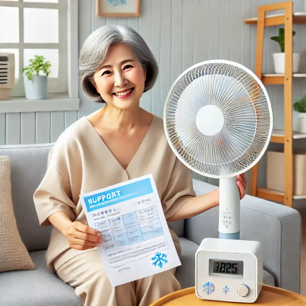 밝은 거실에서 선풍기를 사용하며 지원 안내서를 들고 미소 짓는 동양인 노년 여성의 초고해상도 사진