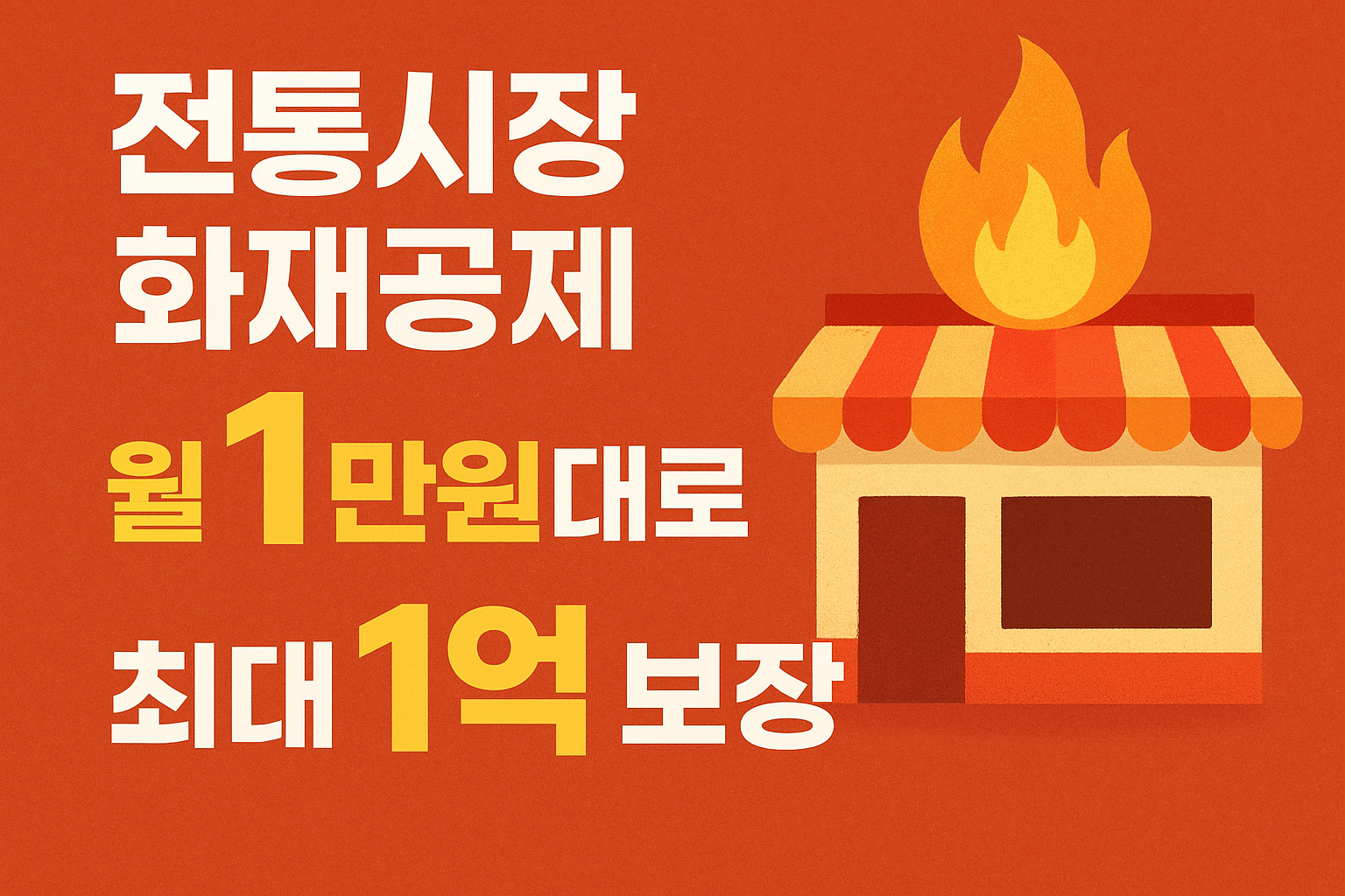 전통시장 화재공제 월 1만원대로 최대 1억 보장 문구가 적힌 홍보 포스터. 붉은 배경 위에 전통시장 가게 일러스트와 불꽃 아이콘이 함께 있는 이미지