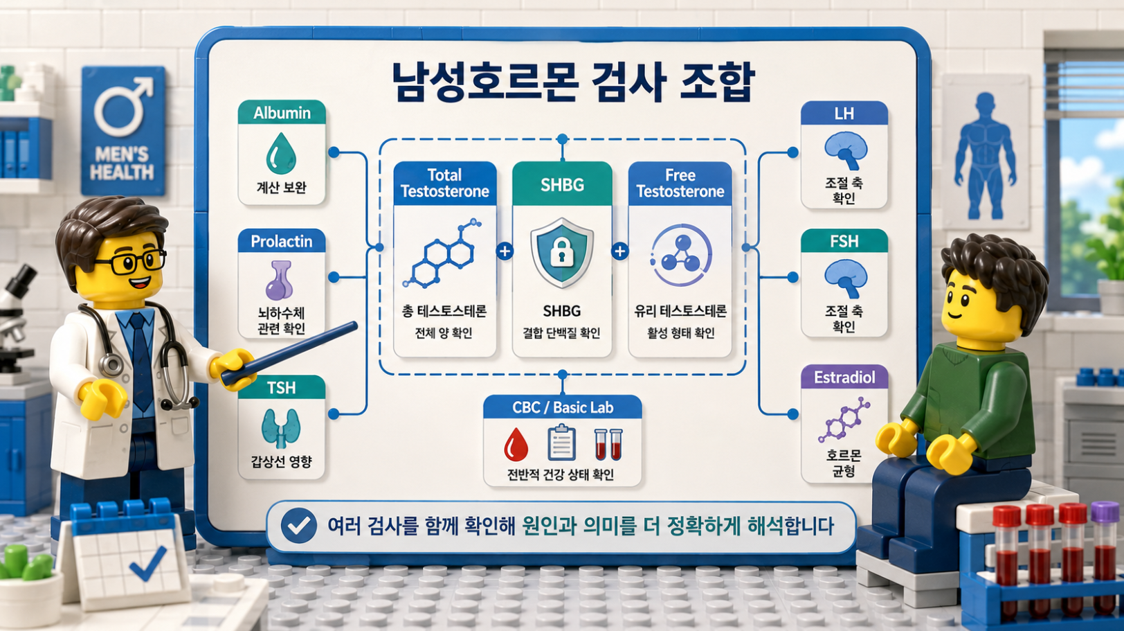 테스토스테론·SHBG와 함께 확인하는 관련 검사(Albumin·LH·FSH·프로락틴·Estradiol·TSH) 의료 인포그래픽