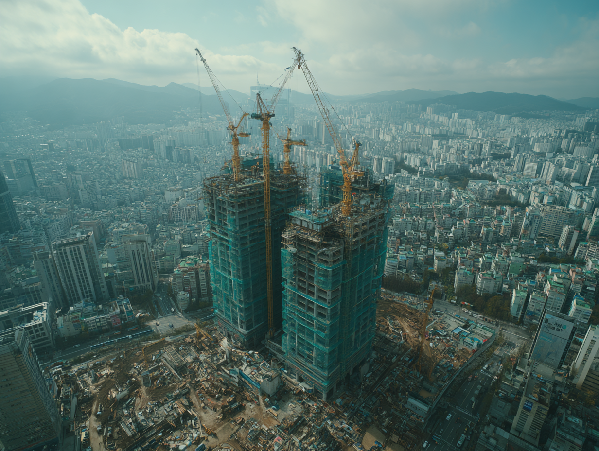 한국 건설, 건축, 현장 모습, 고층 빌딩 건설 건축