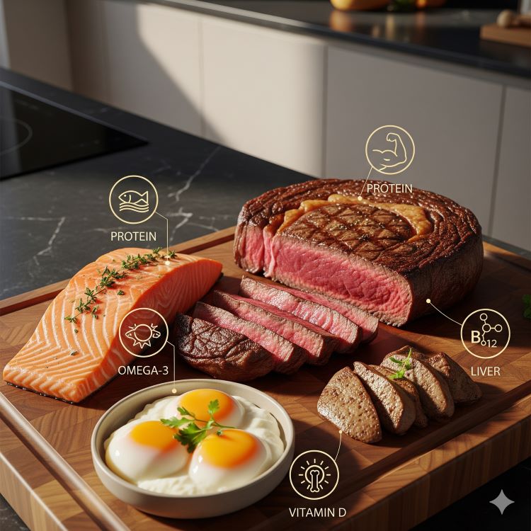 다양한 고품질 육류(스테이크, 연어, 계란, 간)가 원목 도마 위에 아름답게 배치되어 있고, 각 식품 옆에는 해당 영양소를 나타내는 작은 아이콘들(단백질, 비타민 B12, 오메가-3 등)이 표시되어 있는 모습. 배경은 현대적인 주방이며 자연광이 음식을 따뜻하게 비추는 고급스러운 푸드 사진
