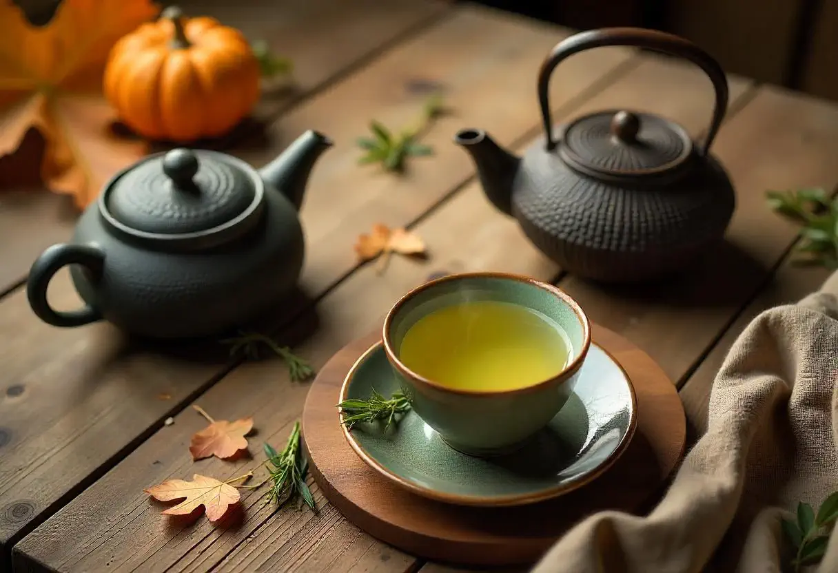 카테킨이 풍부한 녹차 잎과 찻잔